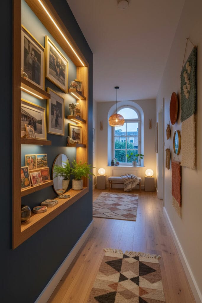 Couloir cosy avec coin souvenirs décoratif apportant chaleur et personnalité