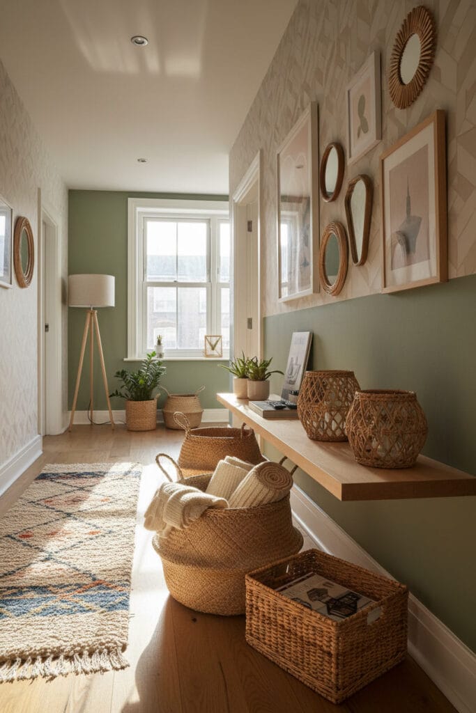 Couloir décoré avec paniers en fibres naturelles apportant chaleur et organisation