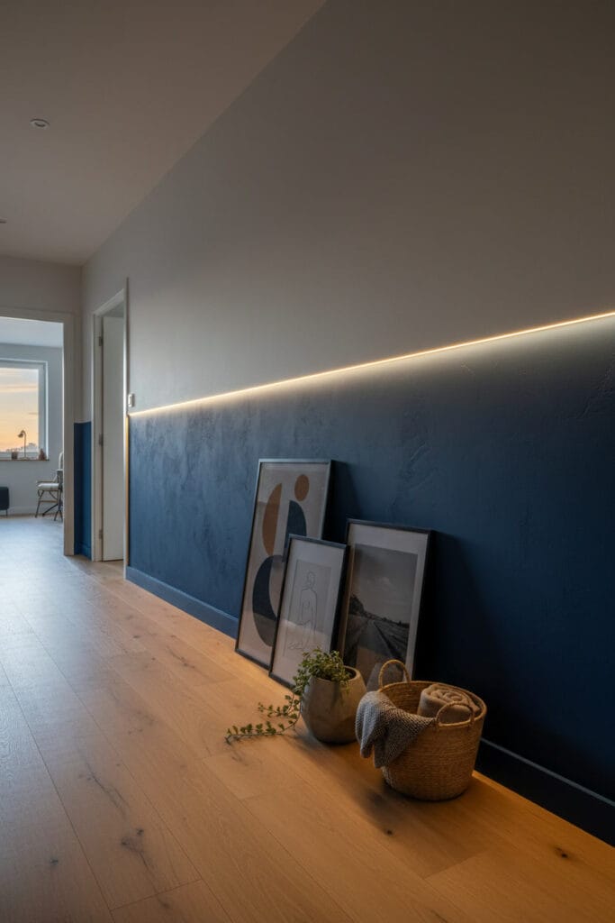 Couloir cosy avec soubassement foncé et murs clairs créant un effet de profondeur