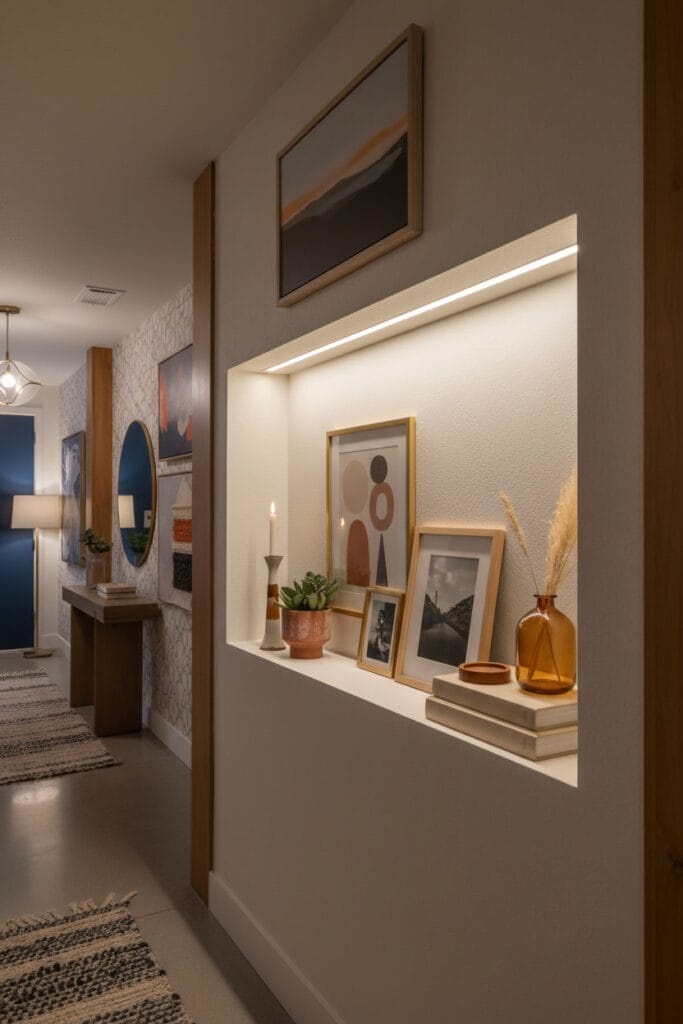 Couloir décoré avec niche murale éclairée, ambiance chaleureuse et atmosphère cosy
