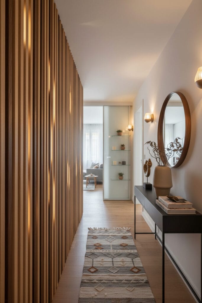 Couloir décoré avec mur en lattes de bois apportant chaleur et texture naturelle