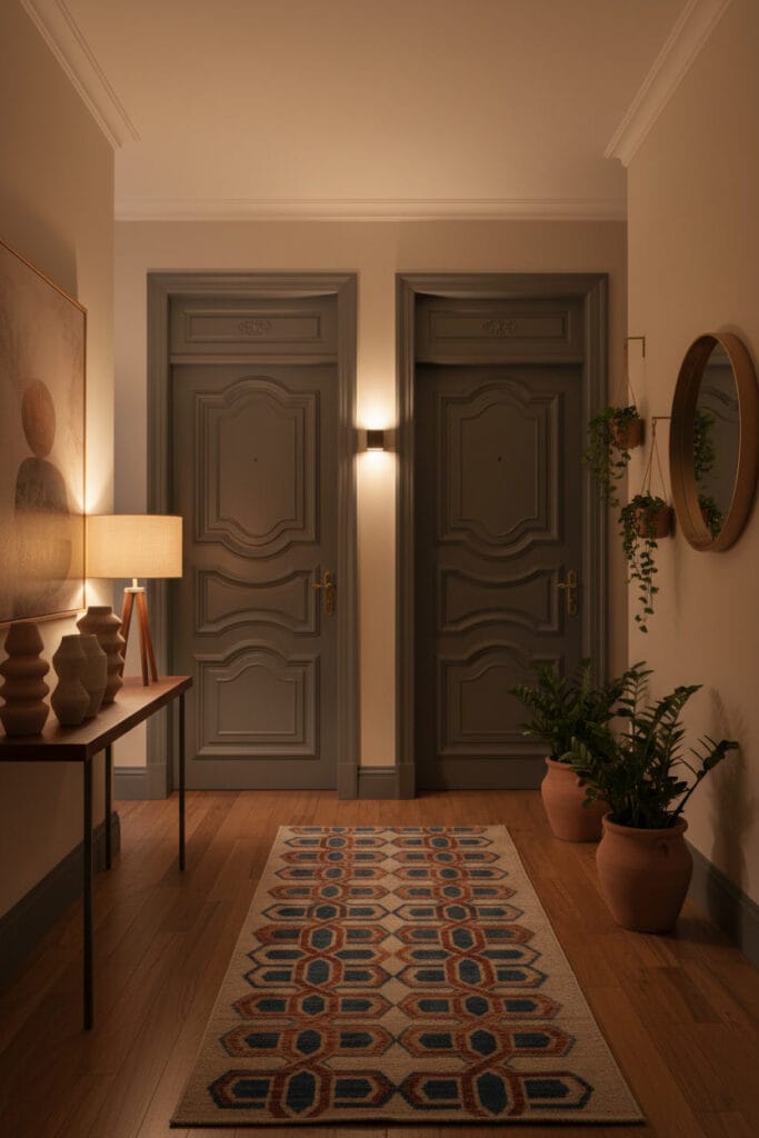 Couloir élégant avec portes décorées de moulures apportant relief et raffinement