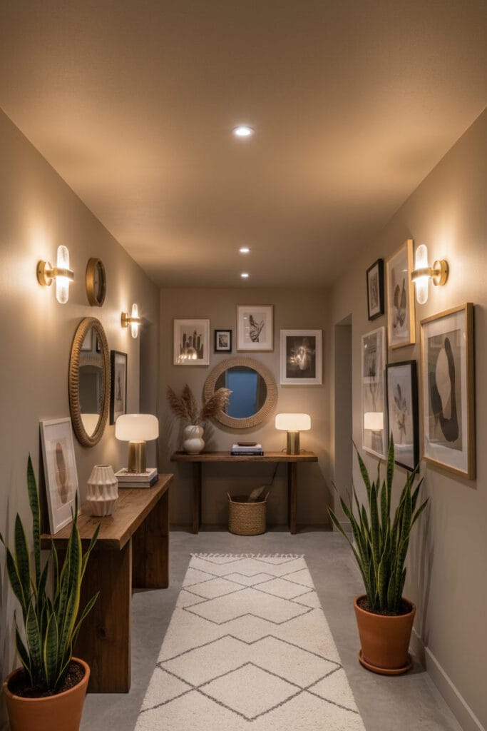 Décoration de couloir avec plafond peint en teinte mate, donnant une impression d’espace et de confort