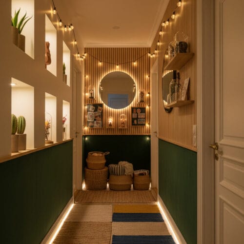 Couloir aménagé avec décoration murale et ambiance feutrée pour un style cosy