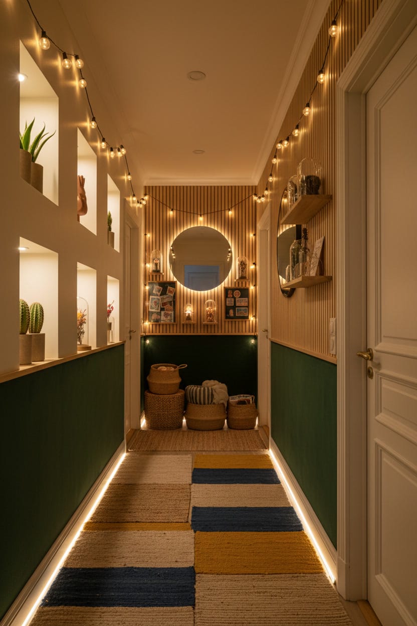 Couloir aménagé avec décoration murale et ambiance feutrée pour un style cosy