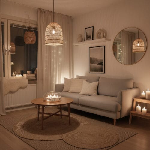 Intérieur chaleureux illustrant une déco minimaliste cosy avec ambiance douce et naturelle