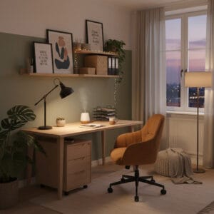 Décoration bureau cosy avec mobilier en bois clair, éclairage doux, plantes vertes et accessoires chaleureux créant un espace de travail apaisant.