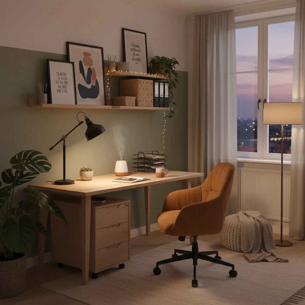 Décoration bureau cosy avec mobilier en bois clair, éclairage doux, plantes vertes et accessoires chaleureux créant un espace de travail apaisant.