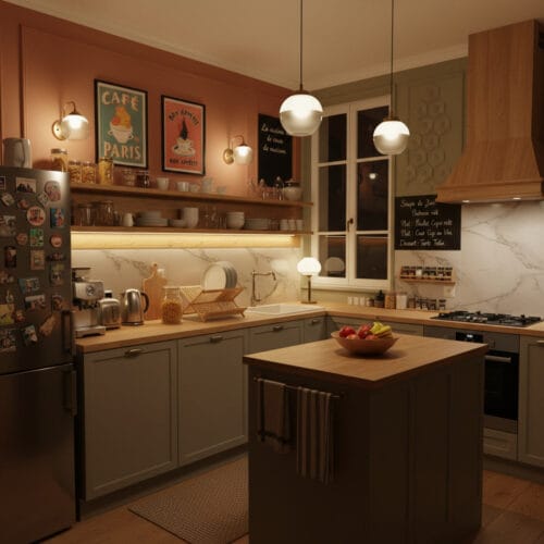 Décoration Murale Cuisine dans un appartement chaleureux, mettant en valeur des idées esthétiques et fonctionnelles pour sublimer les murs de la cuisine.