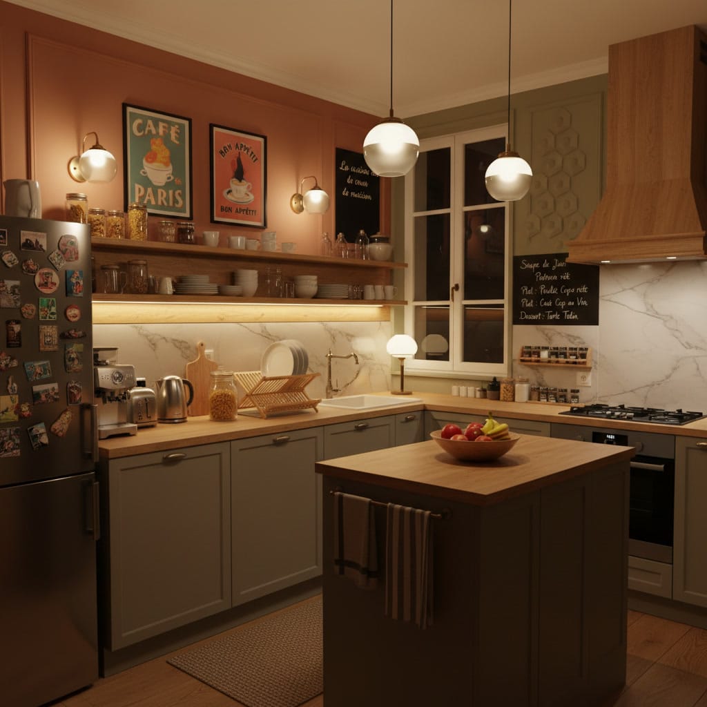 Décoration Murale Cuisine dans un appartement chaleureux, mettant en valeur des idées esthétiques et fonctionnelles pour sublimer les murs de la cuisine.