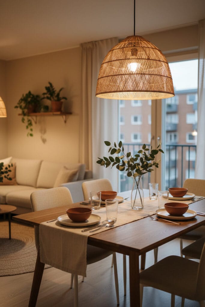 Suspension en rotin apportant style et lumière douce dans un intérieur minimaliste cosy.