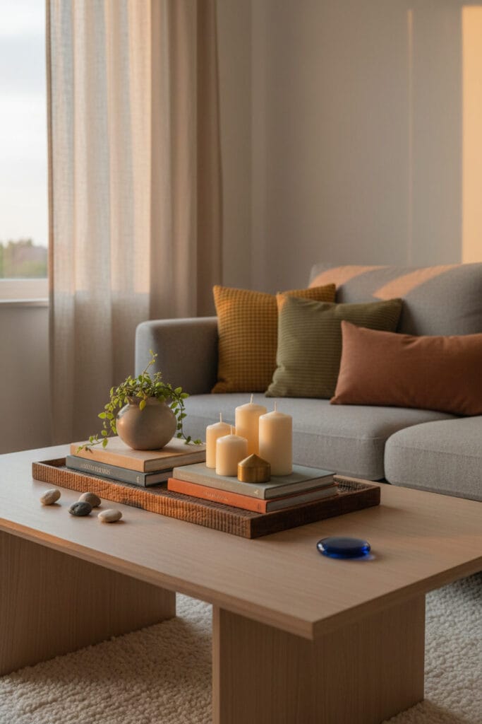 Plateau décoratif avec bougies et accessoires apportant confort et élégance à un intérieur minimaliste.