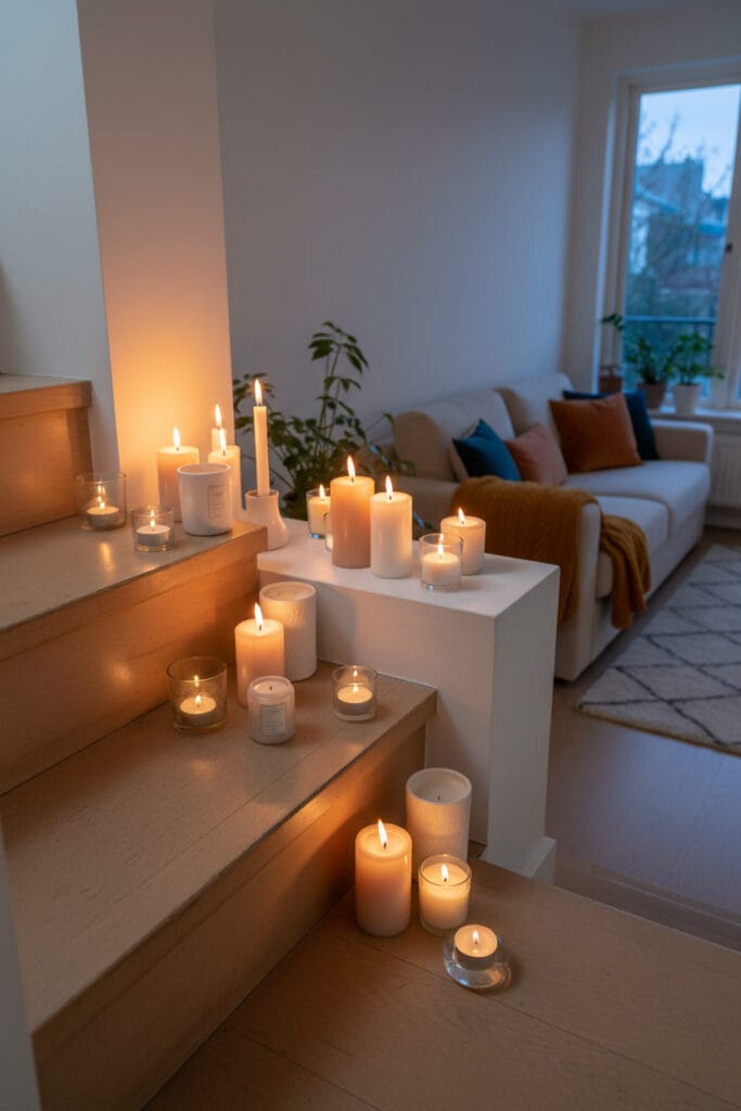Bougies décoratives créant une ambiance chaleureuse dans un intérieur en déco minimaliste.