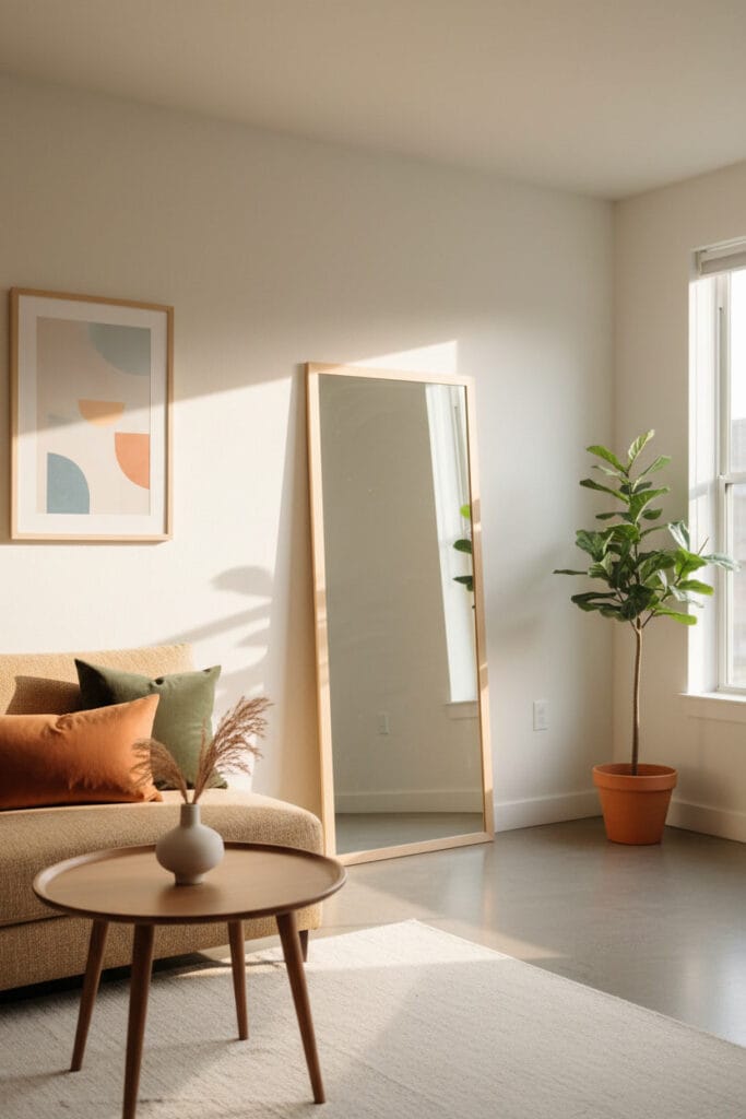 Miroir décoratif apportant lumière et sensation d’espace dans un intérieur minimaliste cosy.