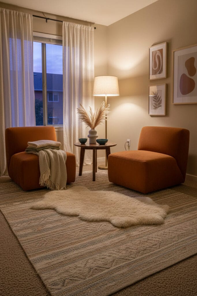 Éléments décoratifs au sol dans un intérieur minimaliste, apportant confort et chaleur.