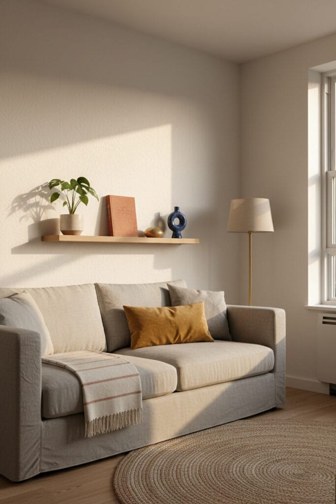 Étagère murale en bois clair dans un salon en déco minimaliste cosy avec objets décoratifs et ambiance lumineuse.