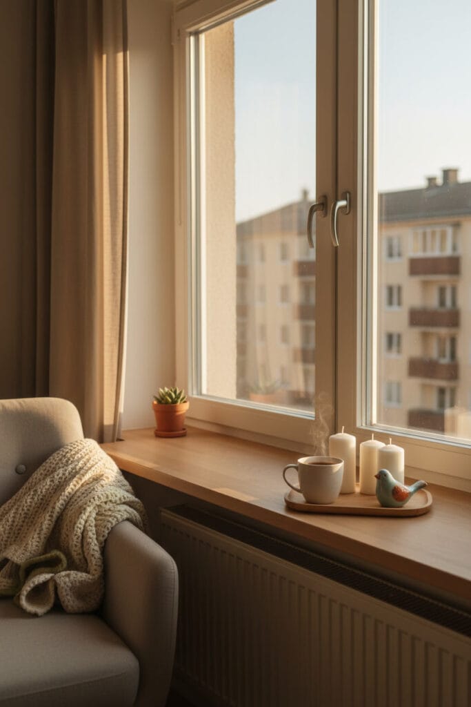 Petit coin décoratif apportant confort et ambiance cosy dans un intérieur minimaliste.
