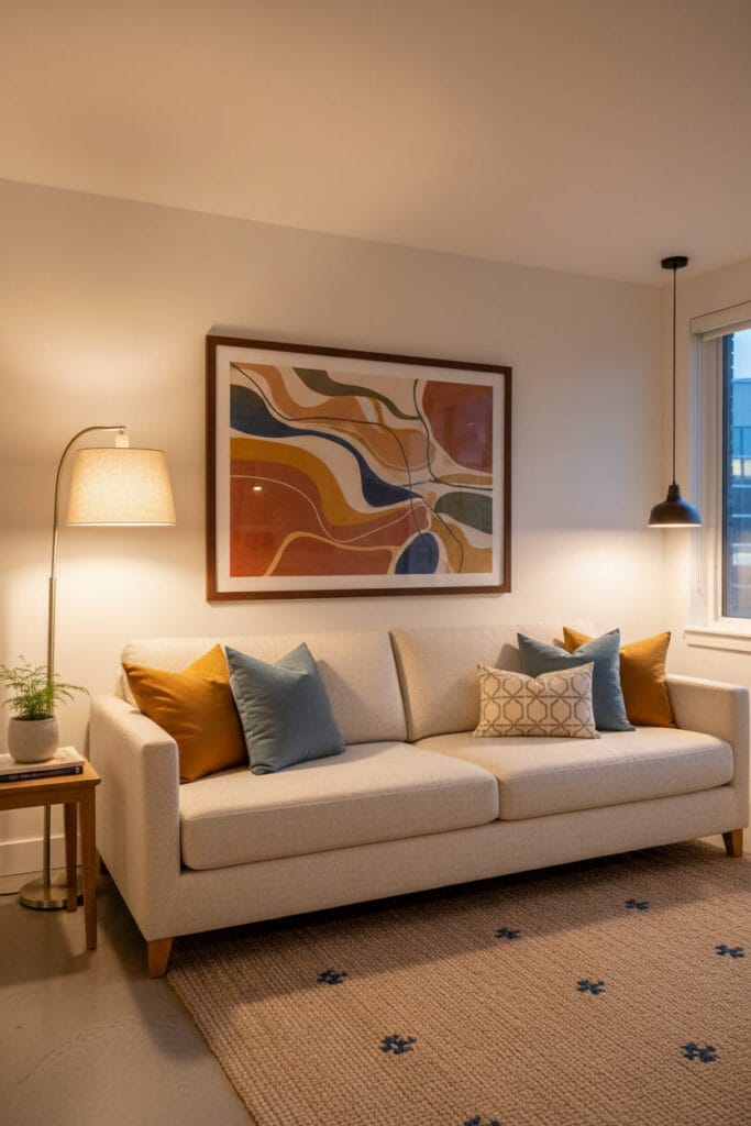 Cadre décoratif élégant apportant style et chaleur à un intérieur minimaliste cosy.