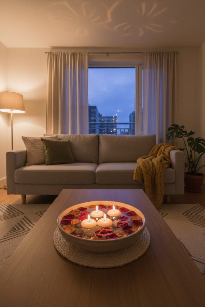 Bougies flottantes décoratives apportant chaleur et douceur à un intérieur minimaliste.