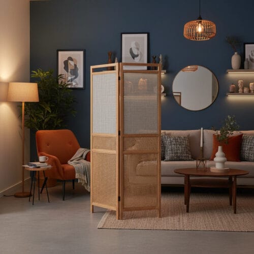Paravent décoratif utilisé pour structurer un intérieur cosy et créer une séparation élégante sans cloison.