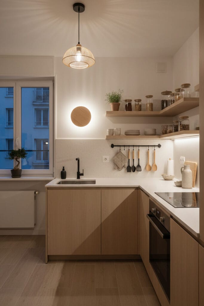 Aménagement en L optimisé pour petite cuisine cosy et fonctionnelle