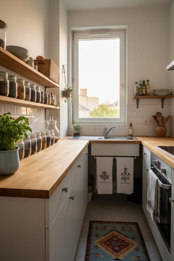 petite cuisine décorée avec accessoires et textiles chaleureux