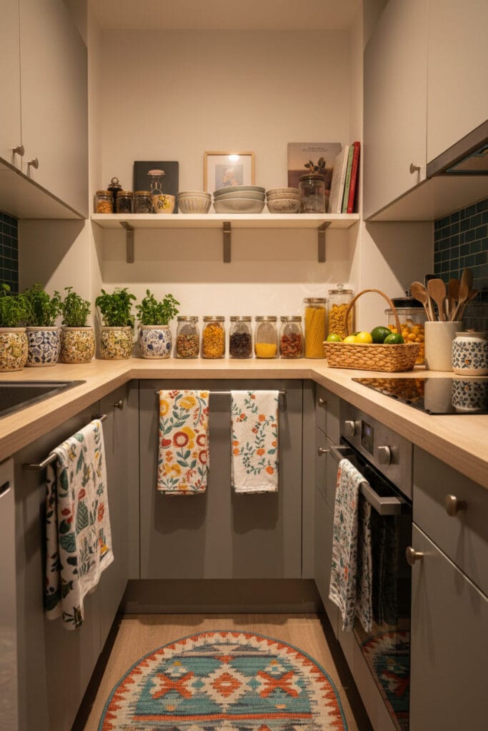 petite cuisine avec accessoires décoratifs apportant personnalité