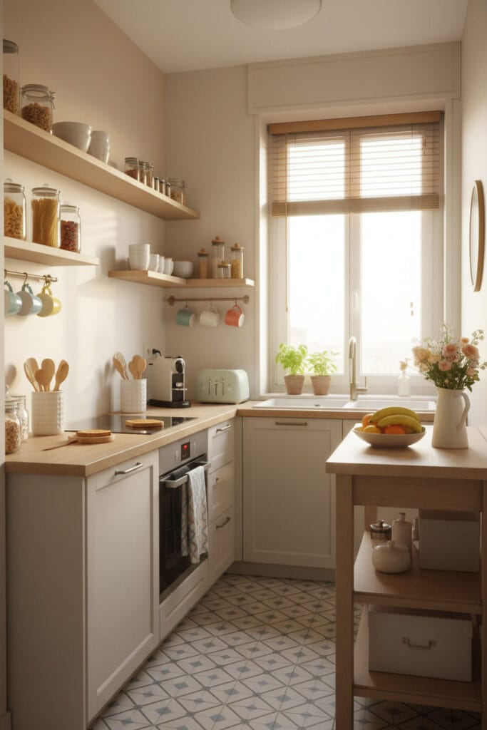 Palette de couleurs claires et chaleureuses dans une petite cuisine lumineuse