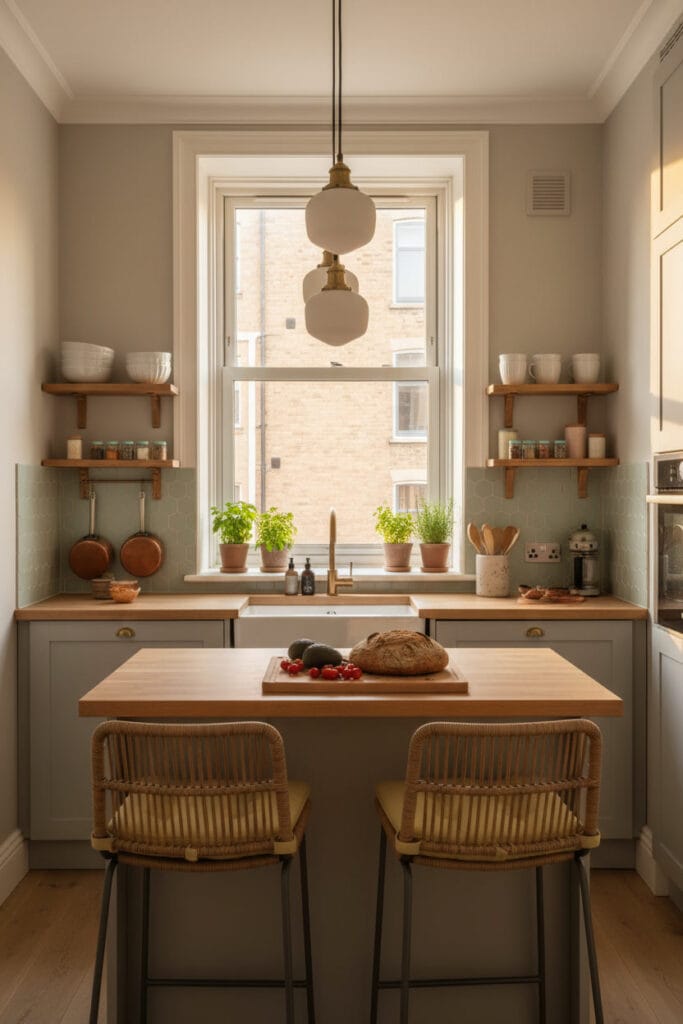 petite cuisine aménagée avec des tons gris chaud lumineux