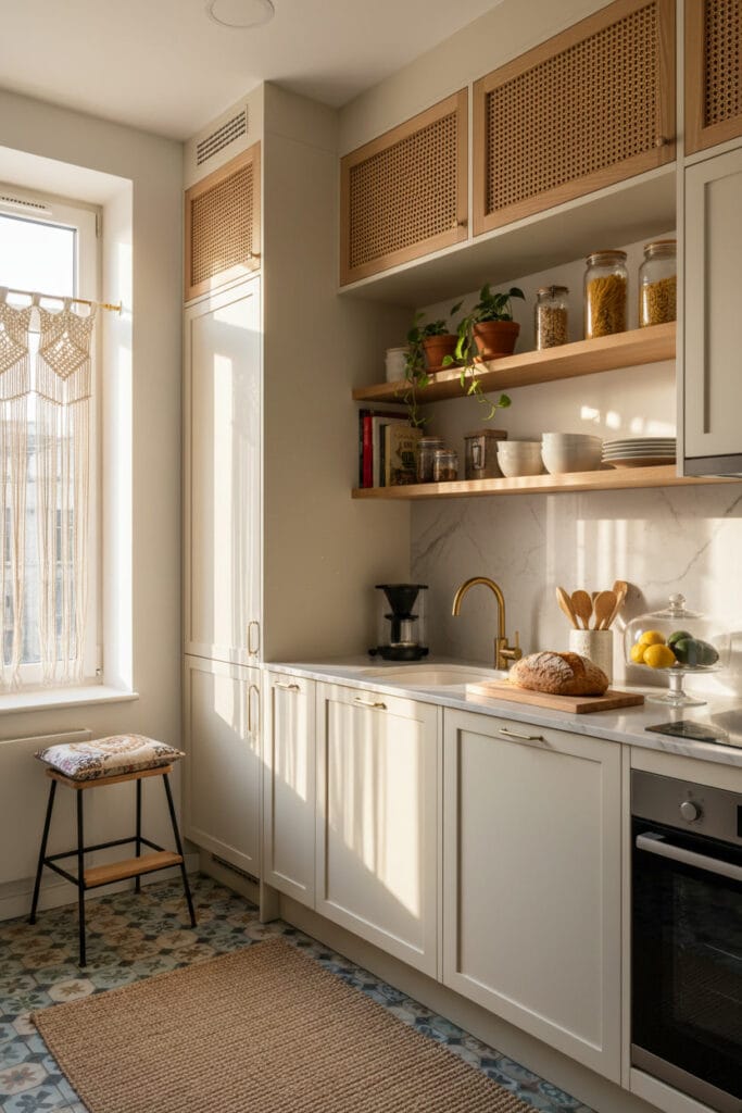 petite cuisine avec rangements en hauteur jusqu’au plafond