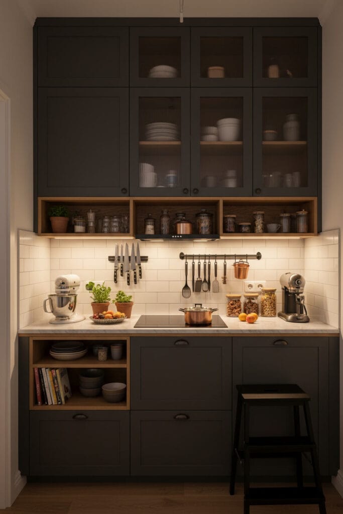 Aménagement vertical dans une petite cuisine organisée et fonctionnelle