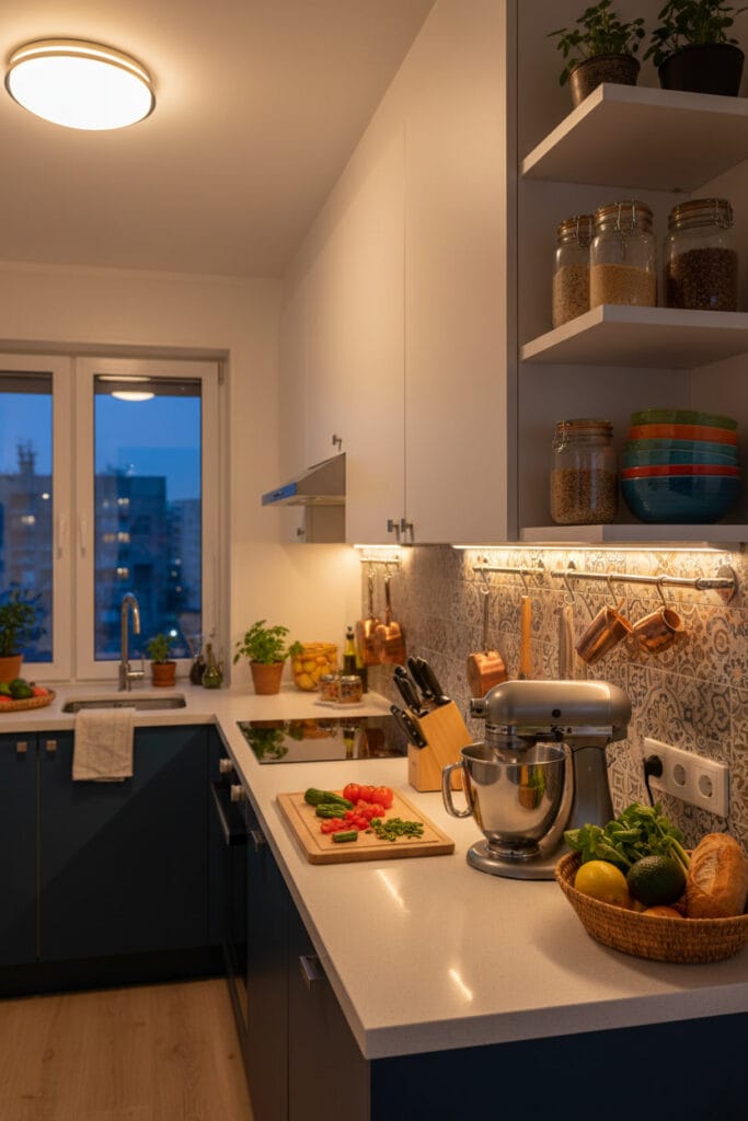 petite cuisine éclairée par plusieurs sources lumineuses créant une ambiance chaleureuse