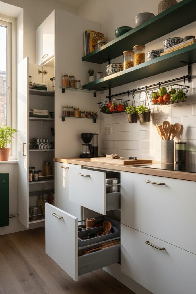 petite cuisine avec tiroirs coulissants et rangements discrets intégrés