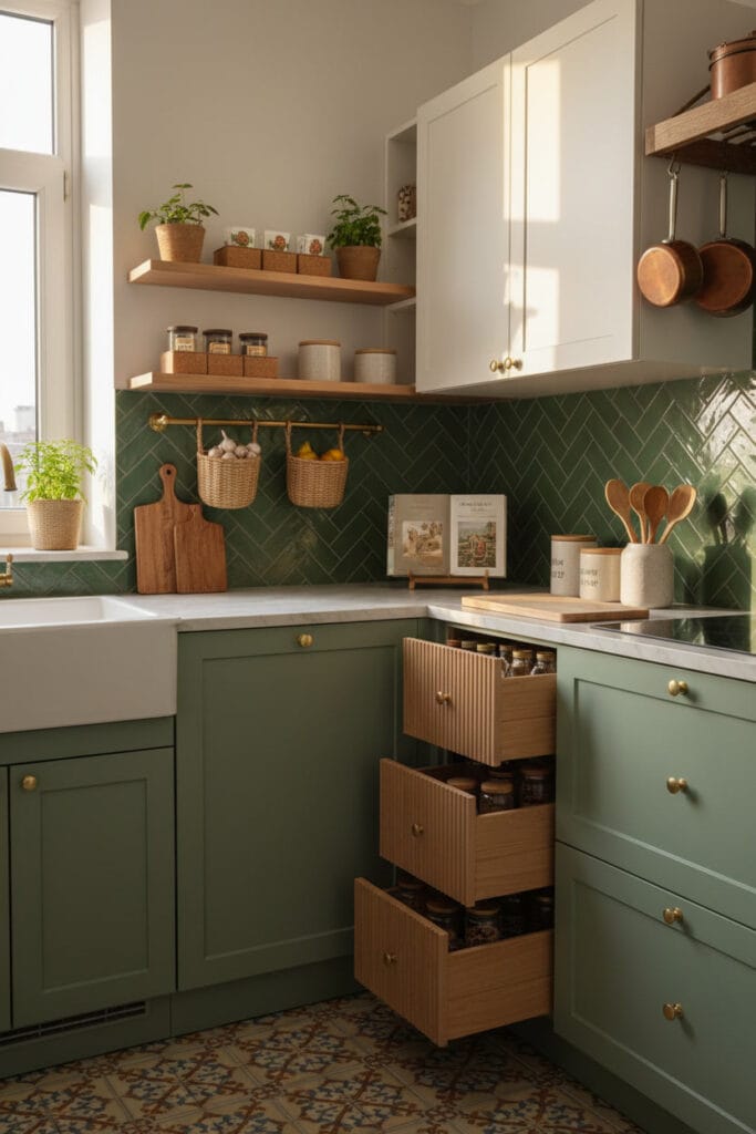 petite cuisine organisée avec boîtes compartimentées et paniers suspendus