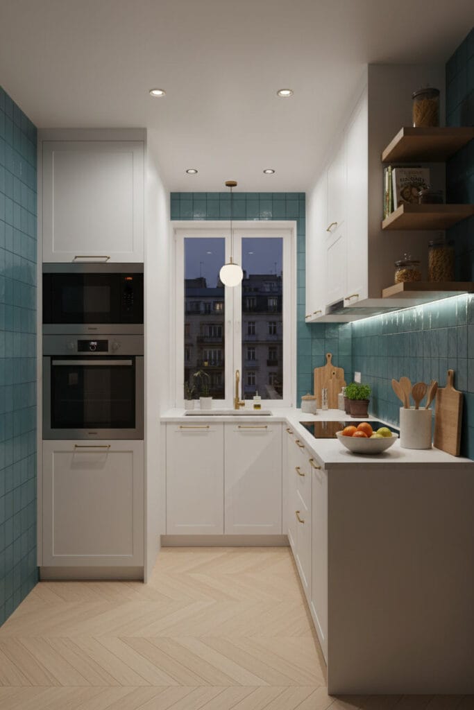 petite cuisine avec four micro-ondes combiné et plan de travail dégagé