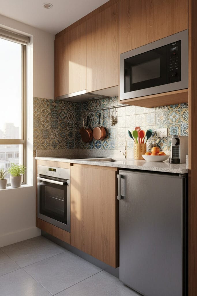 petite cuisine moderne avec appareils discrets et alignés