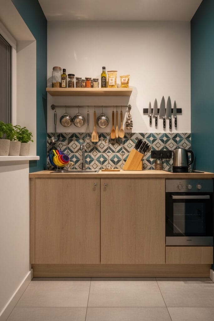 petite cuisine avec ustensiles suspendus sur barre murale