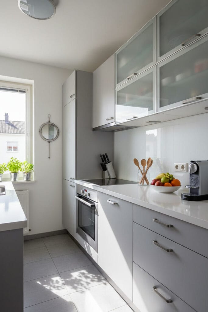 petite cuisine avec façades de meubles brillantes et lumineuses