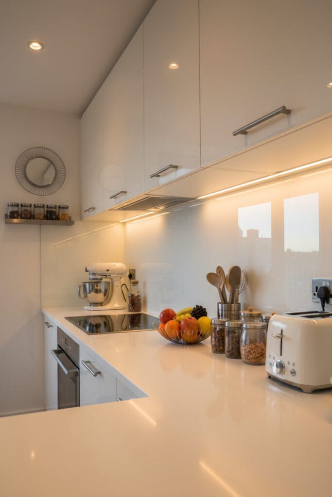 petite cuisine avec finitions lumineuses créant une sensation de profondeur