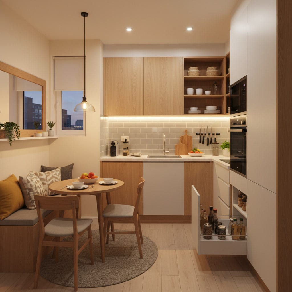 Petite cuisine fonctionnelle et cosy optimisée avec rangements malins et aménagement intelligent