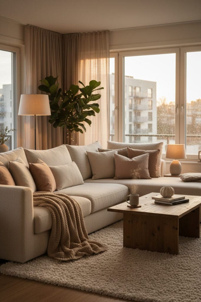 Salon chaleureux en journée, ambiance cocooning et lumineuse, intérieur doux et confortable pensé pour le bien-être.