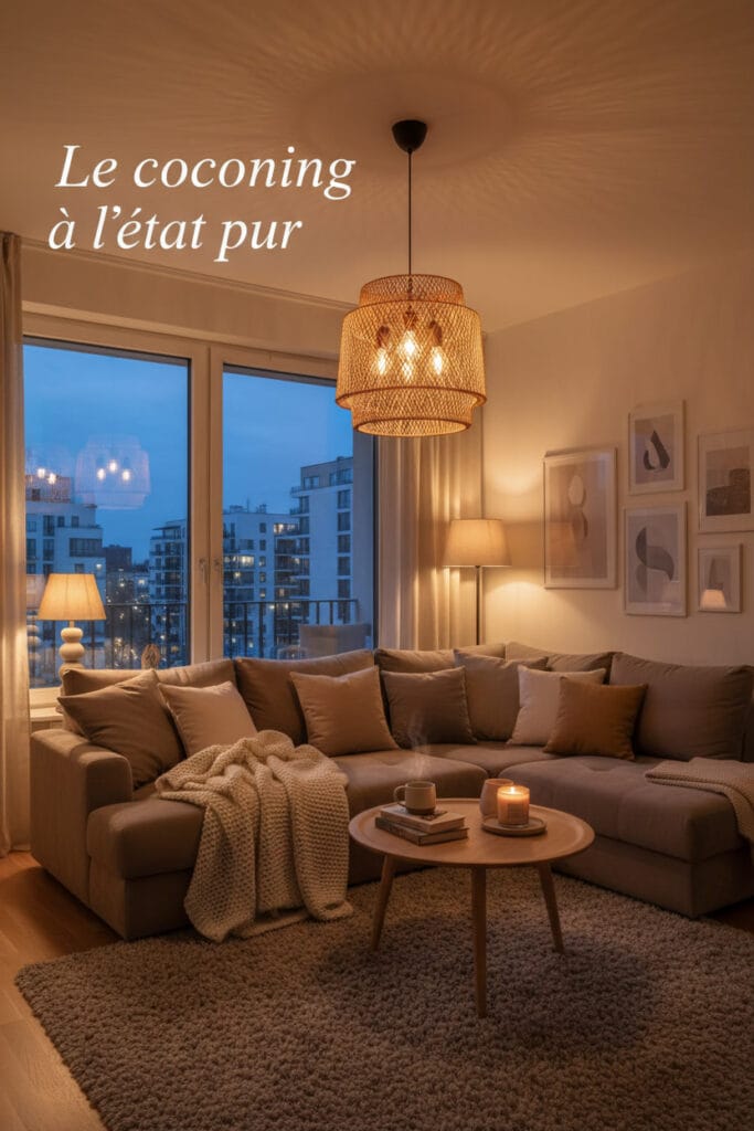 Salon chaleureux évoquant confort, douceur et bien-être pour des moments apaisants.