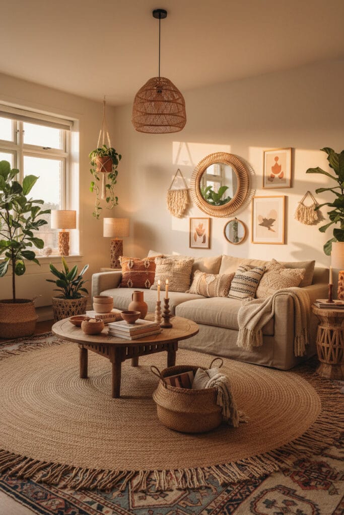 Salon chaleureux esprit bohème chic, espace accueillant et vivant pensé pour le confort et la personnalité.