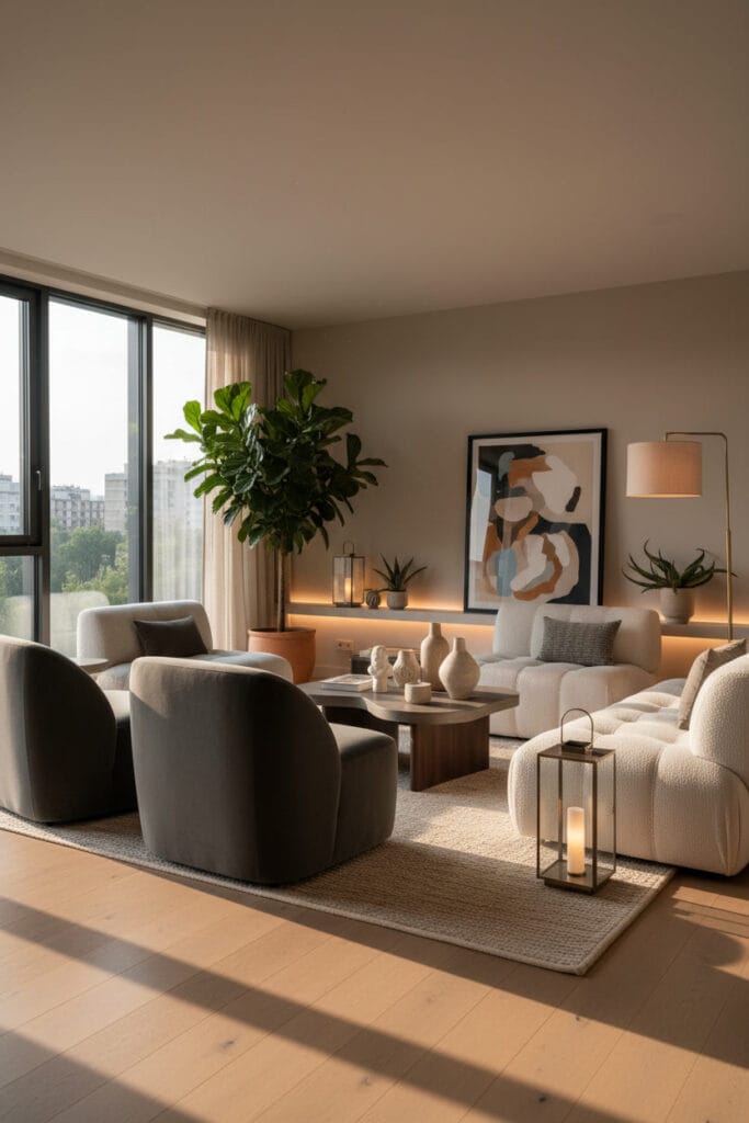 Salon chaleureux moderne, un espace accueillant alliant confort et style minimaliste.