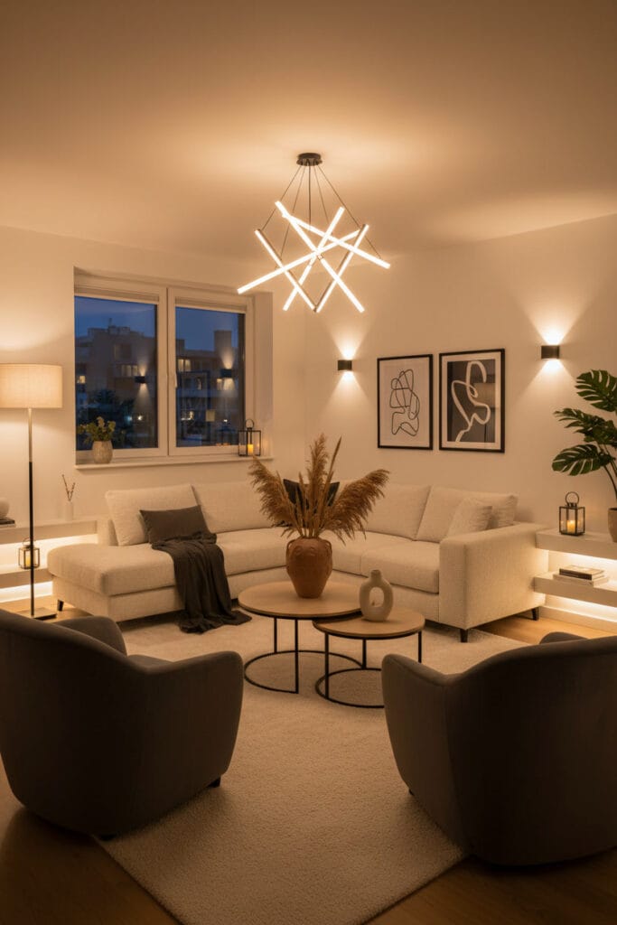 Salon chaleureux moderne inspirant confort, équilibre et atmosphère accueillante.