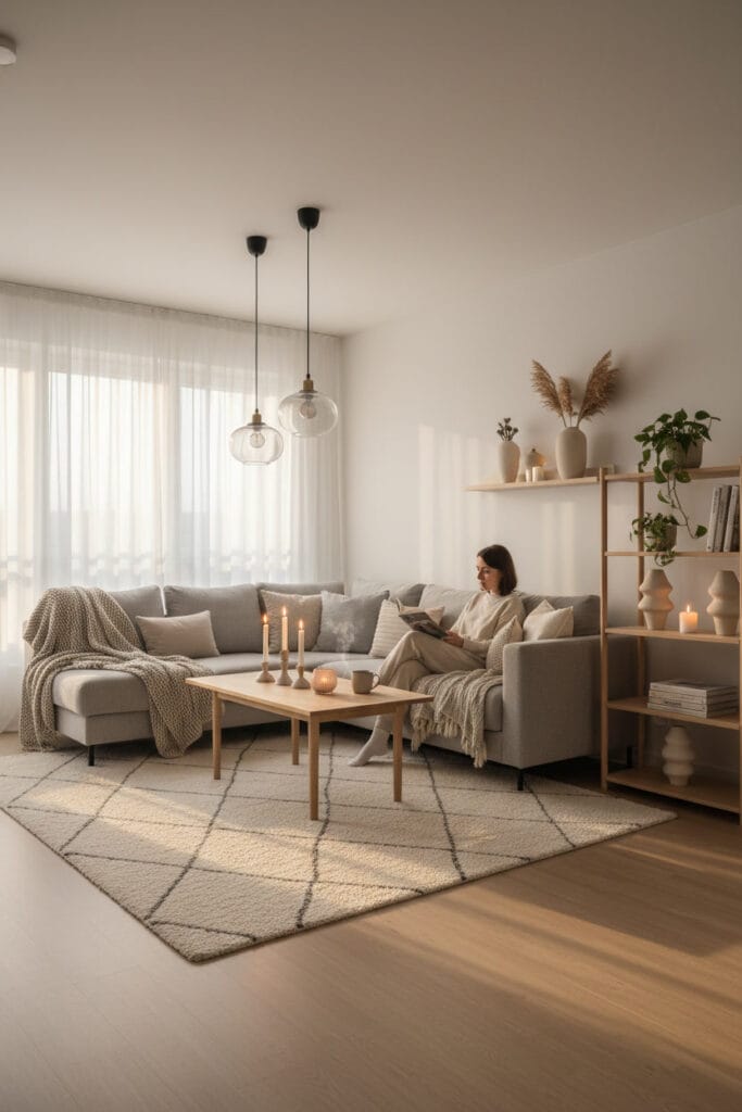 Salon chaleureux inspiré par la douceur et la simplicité, un espace lumineux et accueillant.