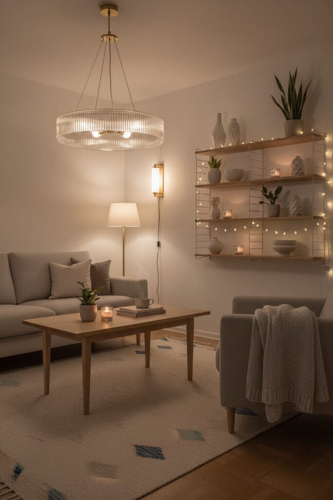 Salon chaleureux scandinave suggérant confort, bien-être et atmosphère douce en soirée.