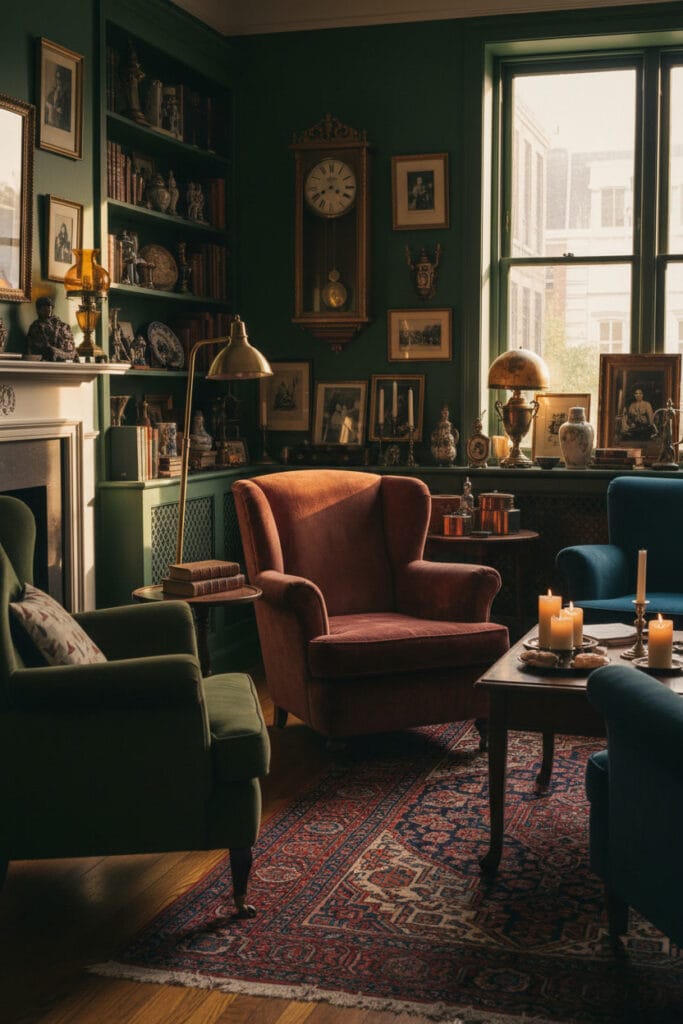 Salon chaleureux au style vintage, un espace élégant et plein de personnalité.