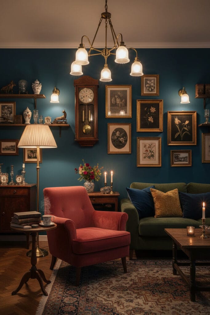 Salon chaleureux vintage inspirant confort, authenticité et atmosphère douce en soirée.