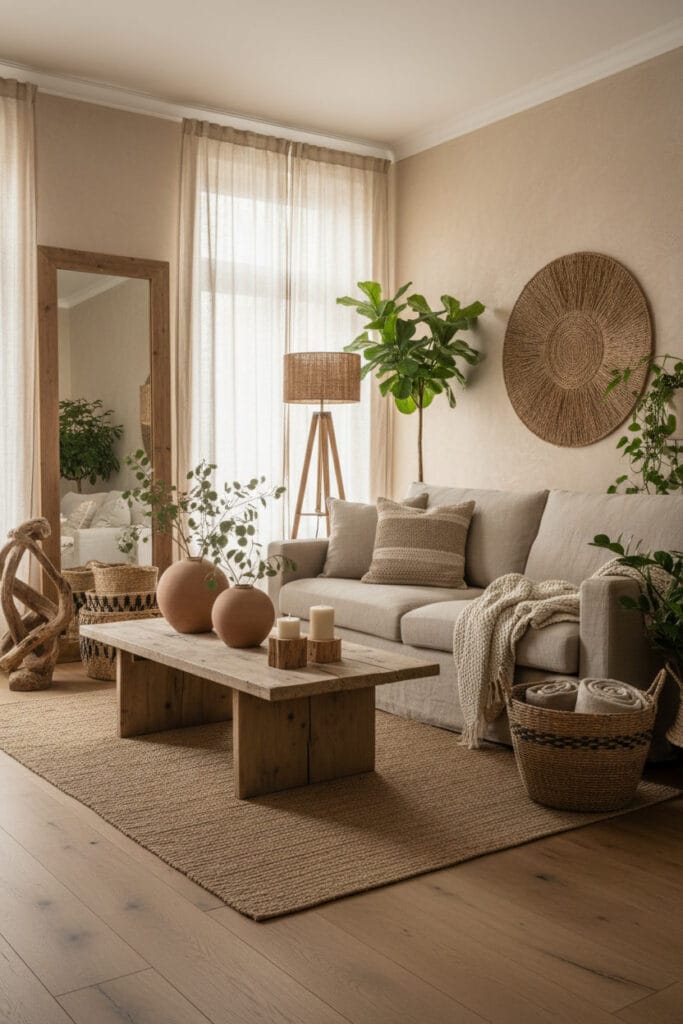 Salon chaleureux inspiré par la nature, un espace apaisant et harmonieux.